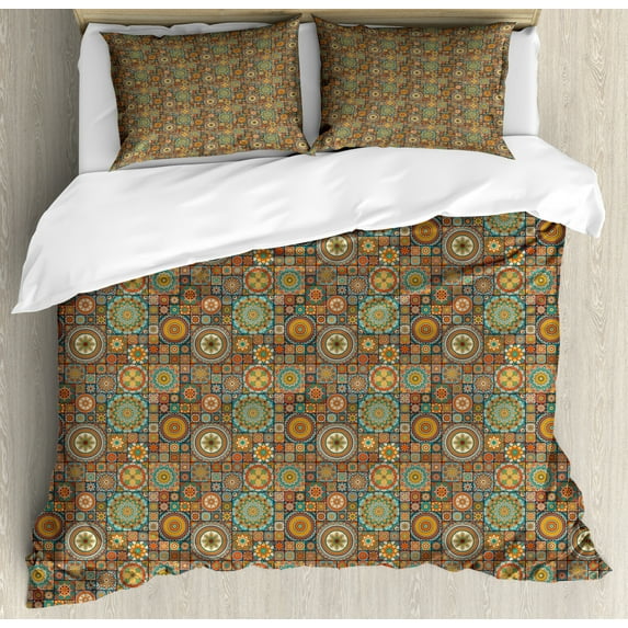 Moroccan Duvet Cover Set King Size, Old Fashioned Eastern Style Mosaic Composition with Folk Mandala Motifs, Decorative 3 Piece Bedding Set with 2 Pillow Shams, Turquoise Orange, by Ambesonne