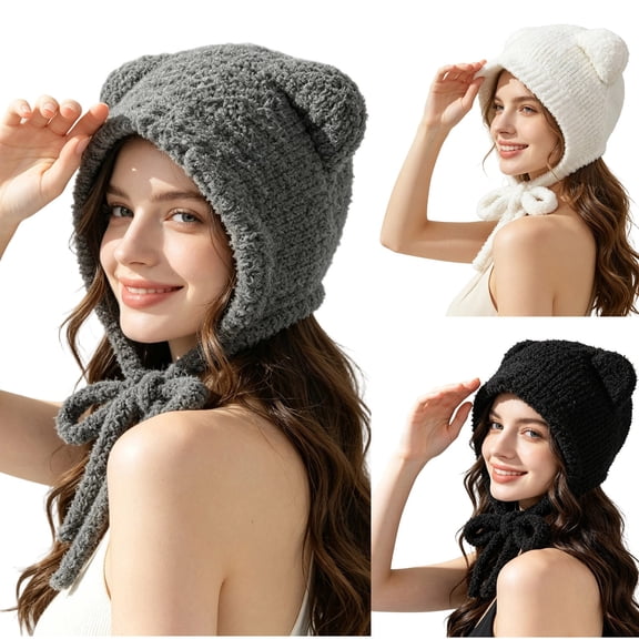 Cutuoiiu Fuzzy Hat for Women Solid Color Fuzzy Bear Ear Hat Adjustable Tie Warm Knit Hat Thermal Fall Winter Headwear for Daily Outdoor Travel