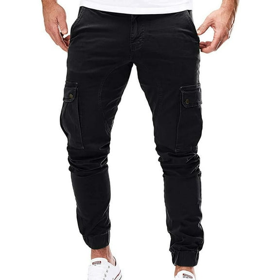 SWSMCLT Men's Slim Fit Soft Ankle Pocket Elastic Waist Mid Rise Long Casual Cargo Pants Cotton Trousers Black Small