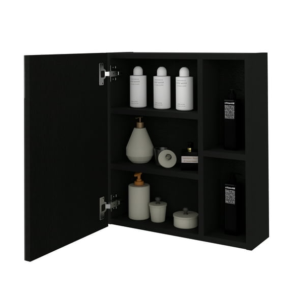 Medicine Cabinet Mirror Clifton,Five Internal Shelves,Black Wengue Finish,Black Particle Board Bath Faucets Bathroom Storage