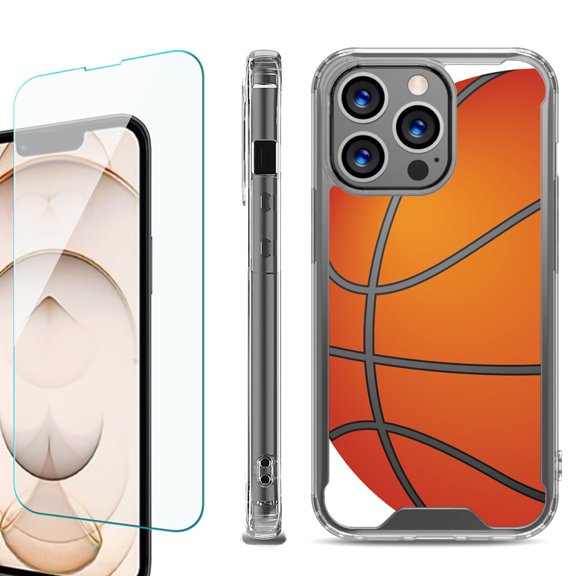 Shockproof Bumper Phone Case for iPhone 13 Pro Max, with Tempered Glass Screen Protector, by OneToughShield ® - Basketball