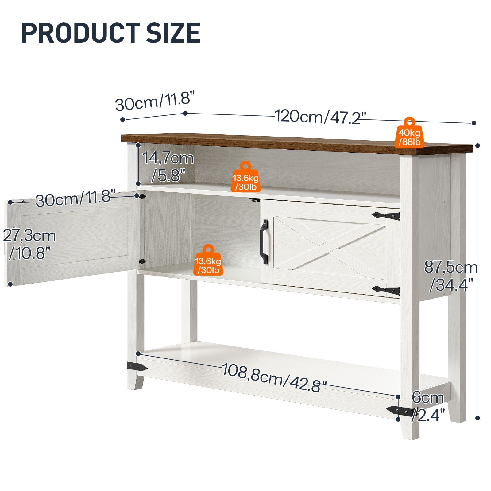 Farmhouse Entryway Table with Storage, 47.2" Long Console Table for Entryway, White Sofa Table with Doors and Cabinets, Narrow Sofa Table Behind Couch, for Hallway, Foyer, White and Walnut WH12XG01