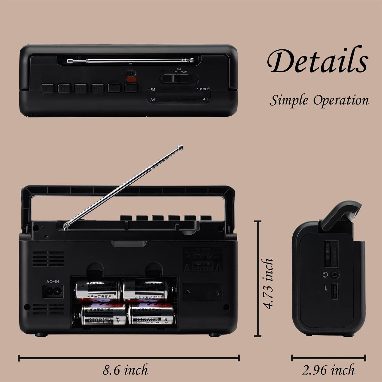 Cassette Tape Player Boombox,Portable Cassette Player AM/FM/SW Radio Stereo,Tape Player/Recorder with Big Speaker and Earphone Jack,AC Powered or Battery Operated Black