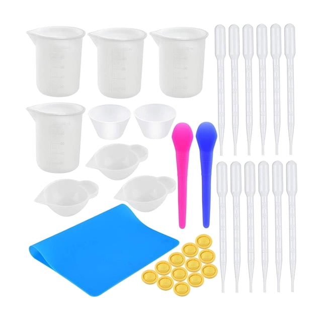 Kit de herramientas de tazas de medición de Resina de silicona, tazas de medición de silicona, tazas doras, pipeta de transferencia de plástico, 37 piezas Baoblaze Vasos de resina para mezclar