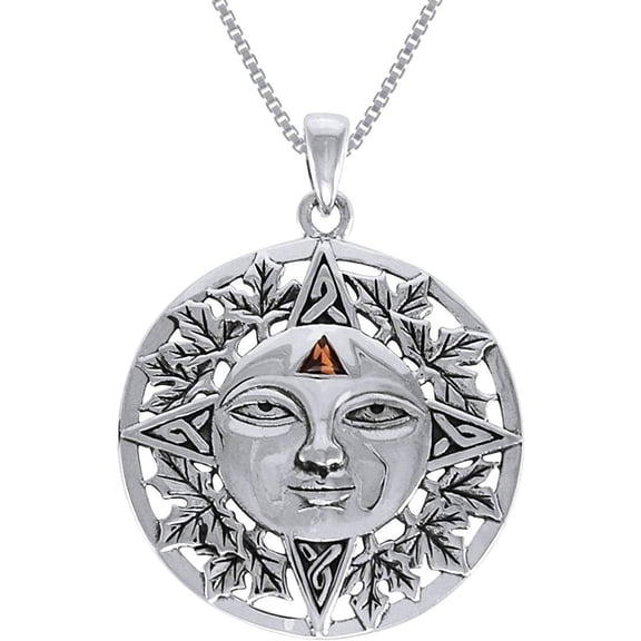 Jewelry Trends Sterling Silver Autumn Sun Face Celtic Medallion Pendant with Garnet on Chain Necklace