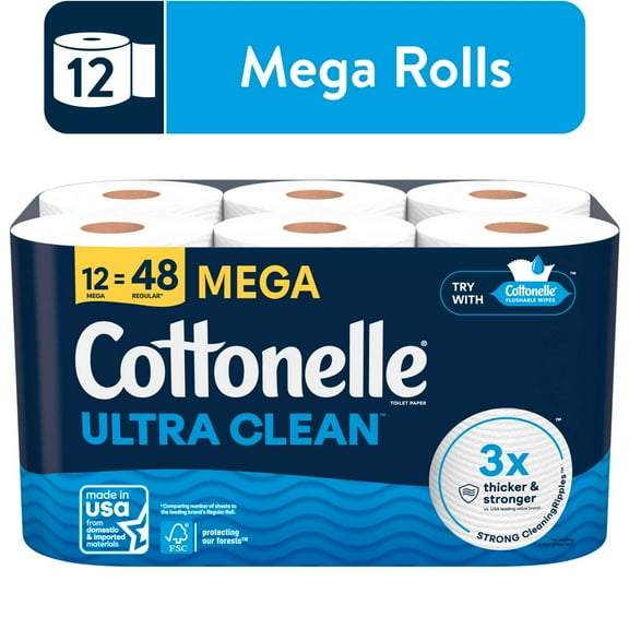 Cottonelle Ultra Clean Toilet Paper, Strong Toilet Tissue, 12 Mega Rolls
