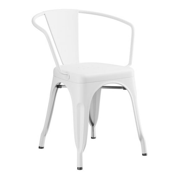 Cafe Style Stackable White Metal Restaurant Dining Arm Chair For Indoor or Outdoor Use.