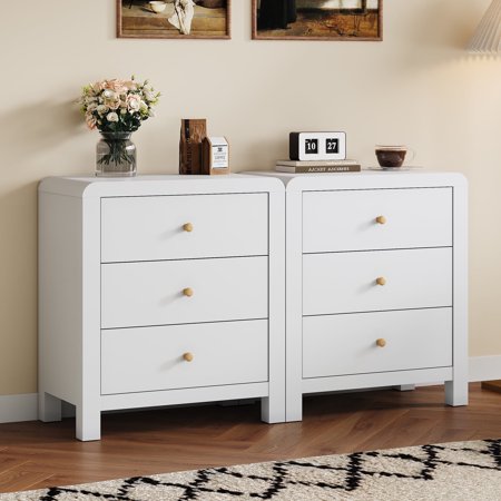 Cozy Home 3 Drawer Dresser Set of 2 Modern Chest of Drawers with Rounded Table Corners Wooden Closet Dresser Nightstand Side Table with Ample Storage Space for Bedroom Living Room Entryway White