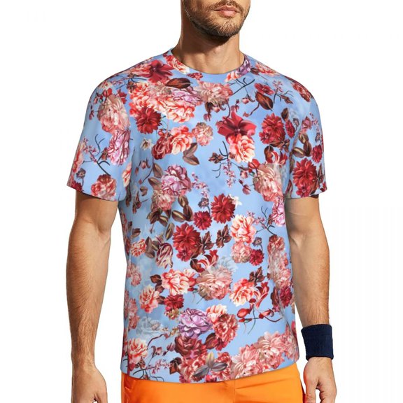 Red Flower Print T-Shirt Vintage Floral Hip Hop Running T-Shirts Short Sleeve Quick dry T