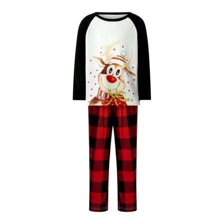 

Eyicmarn Family Matching Christmas Pajamas Cartoon Elk Print Long-Sleeved Round Neck Tops + Elastic Waist Plaid Pattern Trousers