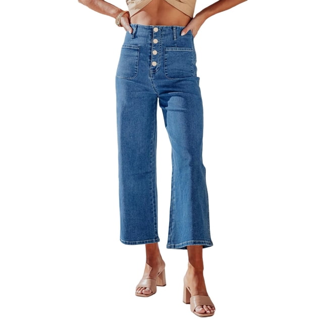 Pantalones vaqueros Sidefeel para mujer, pierna ancha, cintura alta, azul, talla 4