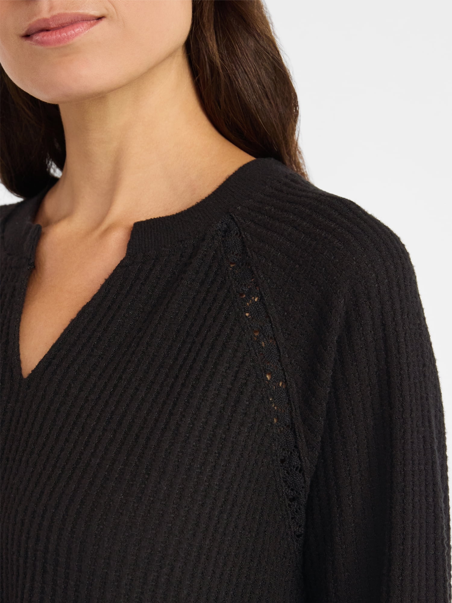 Time and Tru Women’s Notch Neck Waffle Top with Long Sleeves, Size XS-XXXL