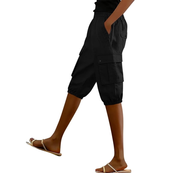 aohooy Linen Cargo Capris for Women Knee Length Capri Pants with Pockets Elastic Waisted Summer Work Outdoor Hiking Cropped Pant Black,M