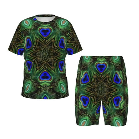 Luyuia Peacock Feathers Print Girls  2-Piece Tie-Dye Pajama Set  Cute Summer Loungewear with Shirt and Tank Shorts Nightwear-3X-Large