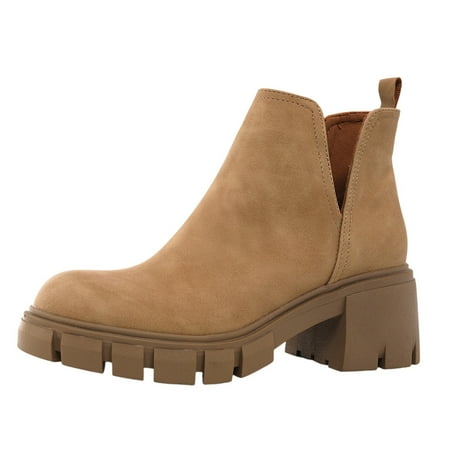 YHGFVOKJ Boots for Women Thick Heels High Heels Round Lug Sole Toe Short Boots Memory Foam Children s Autumn and Winter Boots Shoes Womens Snow Boots Beige 37