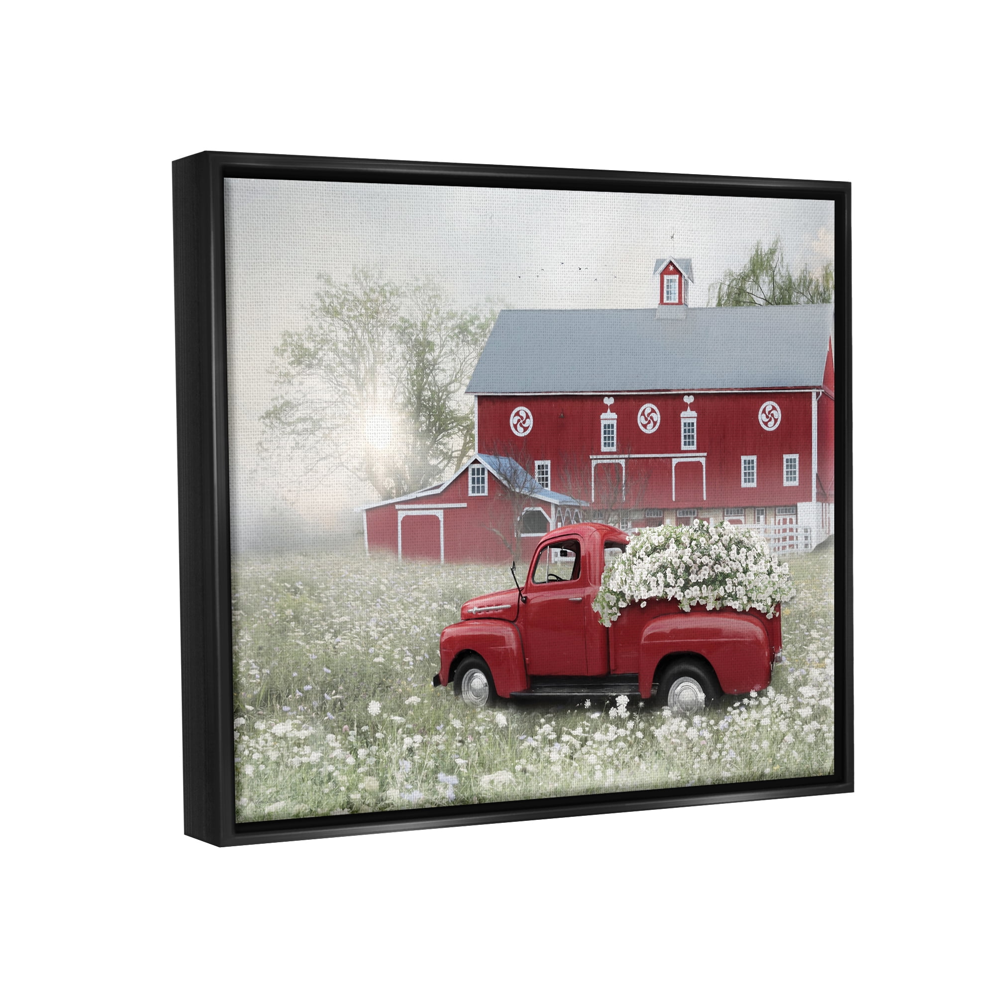 Stupell Red Truck Floral Country Meadow Transportation Painting Black Floater Framed Art Print Wall Art