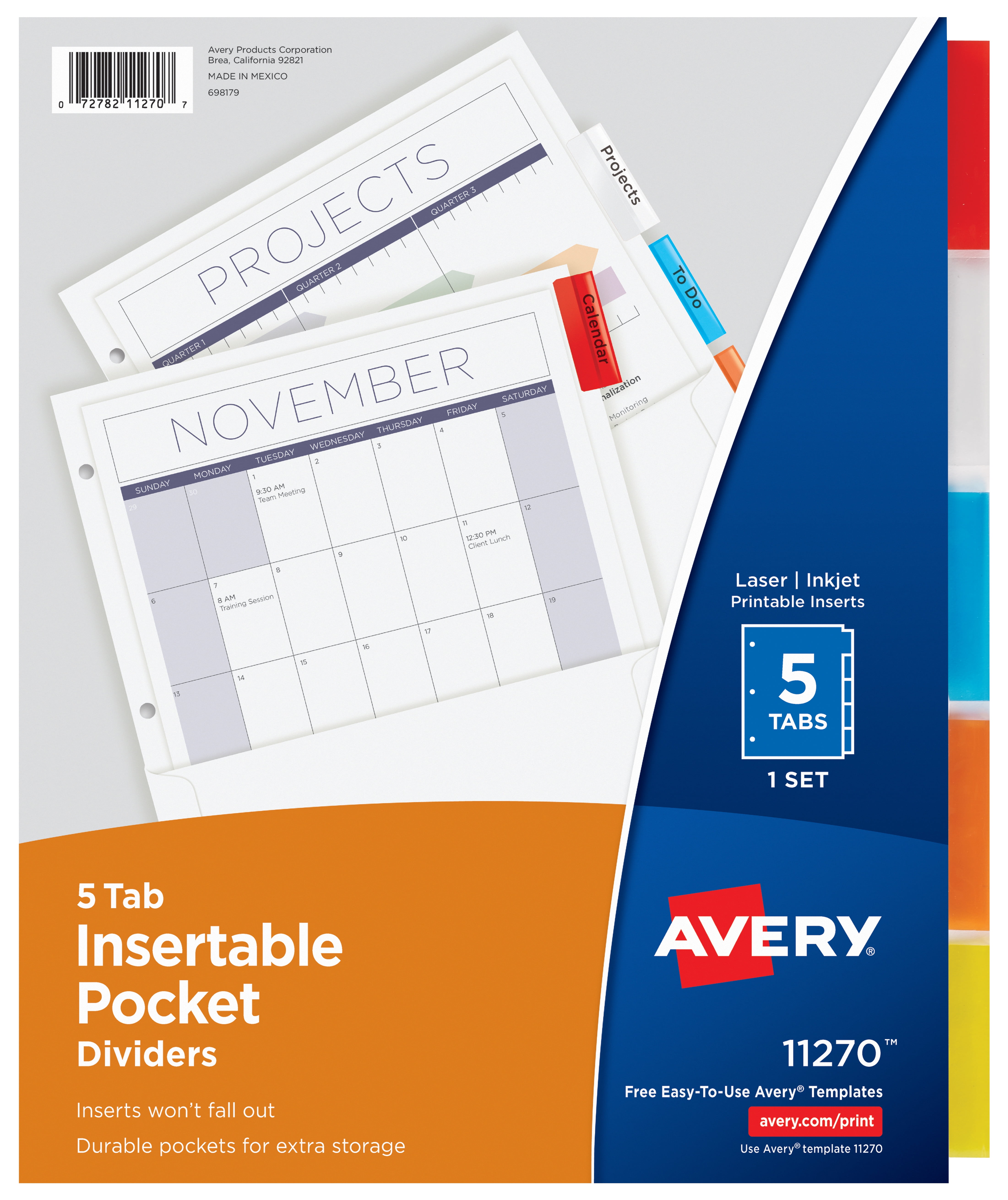 Avery Insertable Dividers with Pockets, 5 Multicolor Tabs, 1 Set (11270)