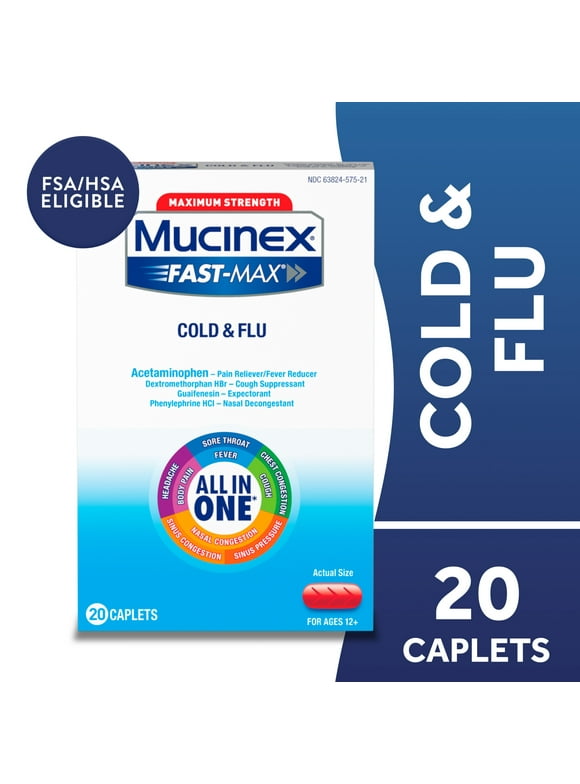 Mucinex Fast-Max Cold and Flu Medicine, OTC Cough & Sore Throat Relief, Expectorant, FSA, 20 Caplets