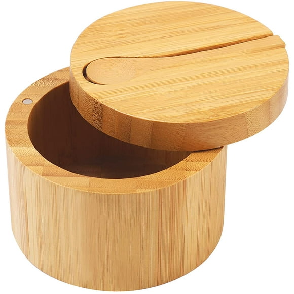 Bamboo Salt Wine Bottle with Mini Spoon, Kitchen Salt Box with Rotating Magnetic Lid, Round Salt Container for Pepper Spice Bath Salt Sea Salt Storage 9*5.6cm