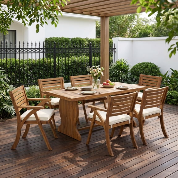 Christopher Knight Home 7-Piece Wood Patio Dining Set with Cushioned Chairs, Natural Stained Cream