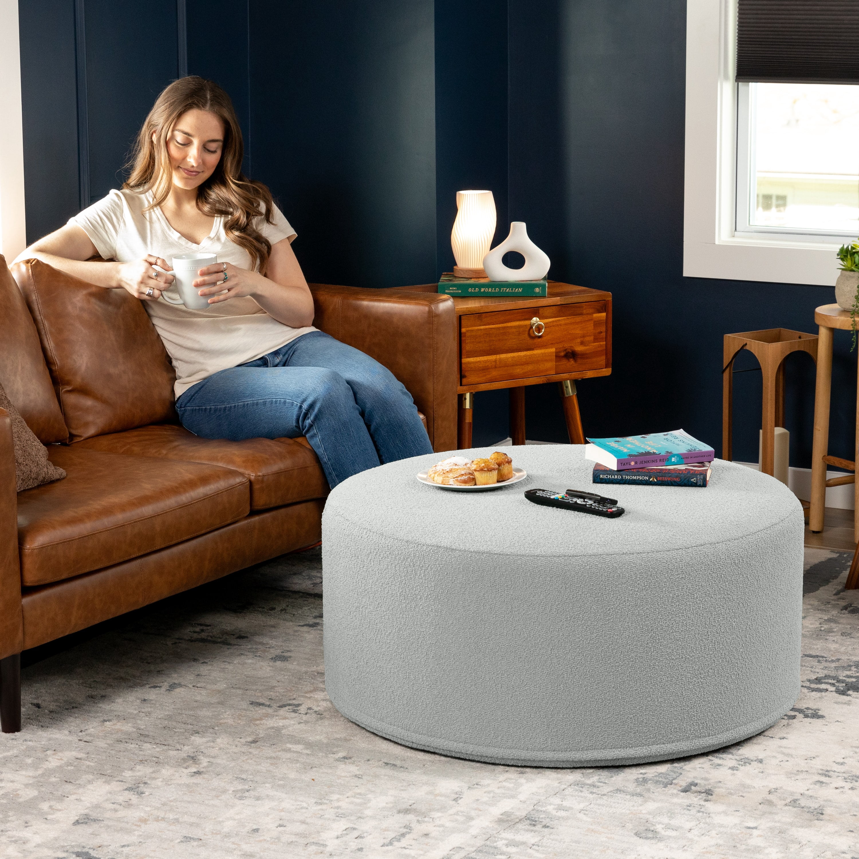 Jaxx Candler Round Coffee Table Ottoman, Large, 36-Inch, Boucle Silver