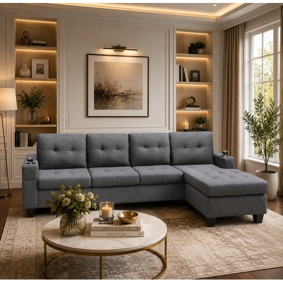Cosmic Homes Bexen Canapé Sectionnel Réversible 2 Pcs, Revêtement en Tissu, Canapé Gris avec Porte-Gobelet, Canapé pour Salon