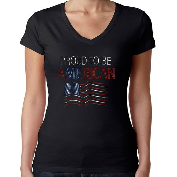 Womens T-Shirt Rhinestone Bling Black Tee Proud to be an American Flag V-Neck Small