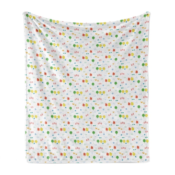 Colorful Soft Flannel Fleece Throw Blanket, Pastel Forest Rabbits Botanical Trees Woodland Childish Fox Spirals Print, Cozy Plush for Indoor and Outdoor Use, 70" x 90", White Multicolor, by Ambesonne
