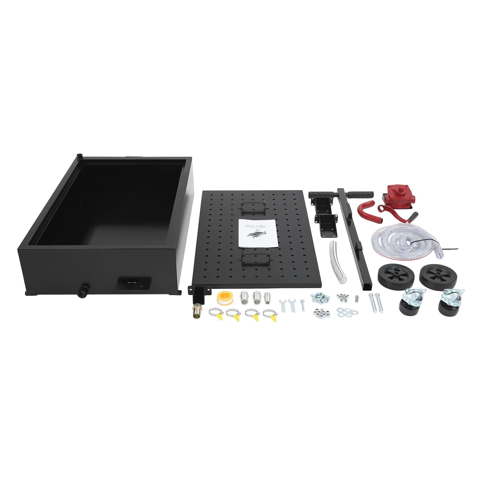 15Gal Oil Drain Pan with Manual Rotary Pump, 7.2ft Hose & Wheels, Heavy-Duty Steel Fluid Collection Tank for Automotive Industrial Workshop