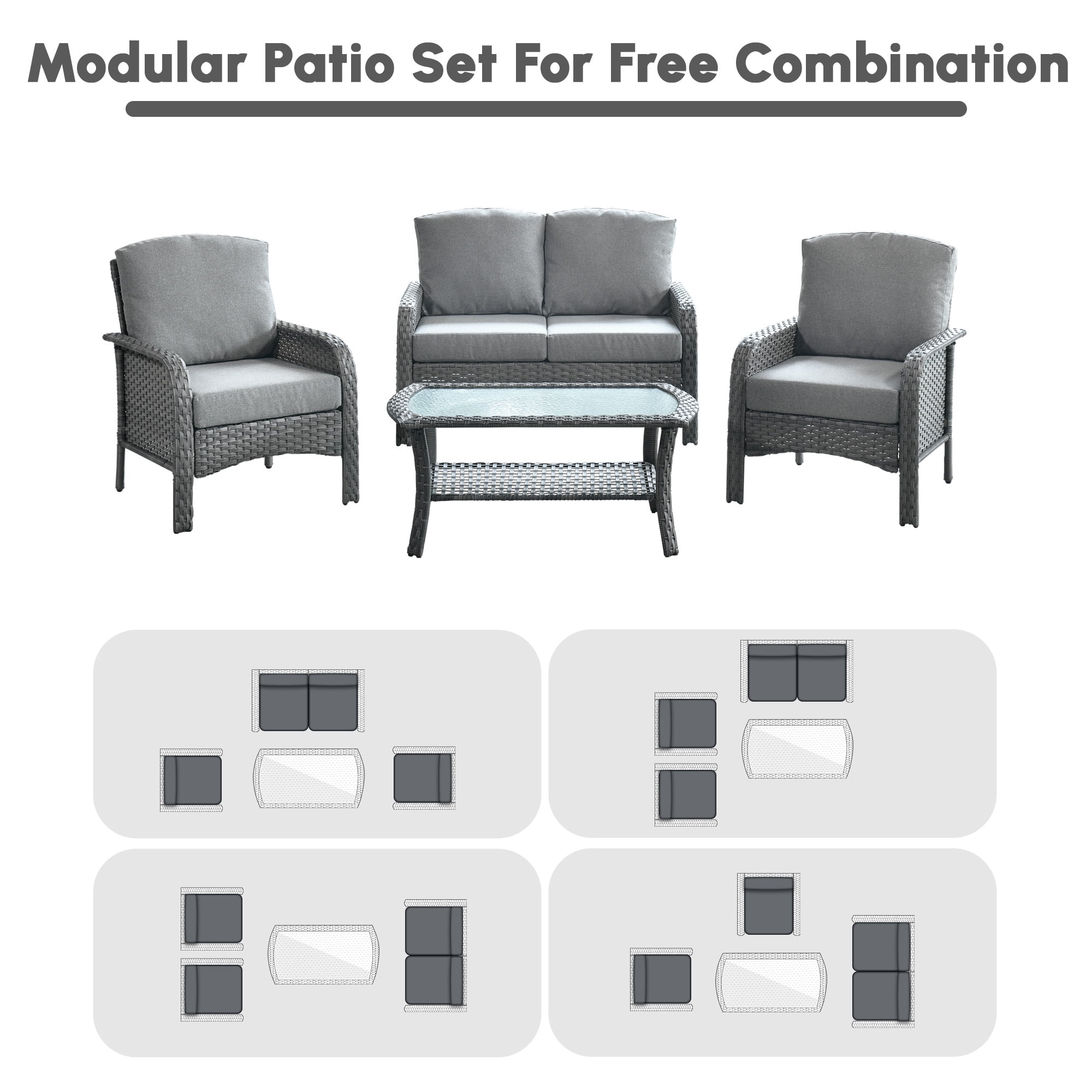 Ovios 4 Pieces Wicker Outdoor Patio Furniture with Coffee Table High Back All Weather Rattan Outdoor Sectional Conversation Set for Backyard Porch Garden, Dark Gray