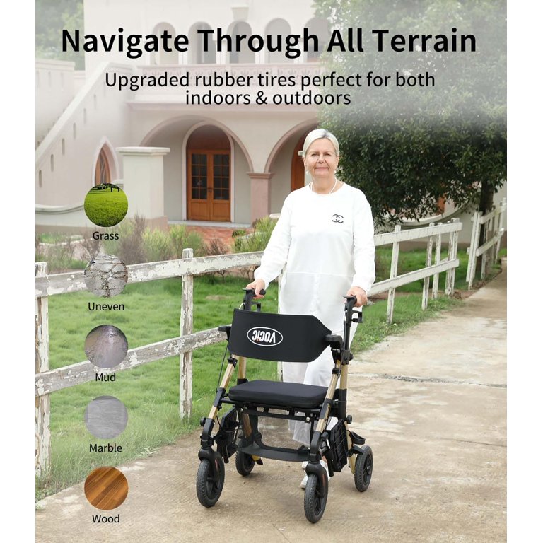 VOCIC Z51 Foldable 4-Wheel Rollator with Seat, Transport Chair