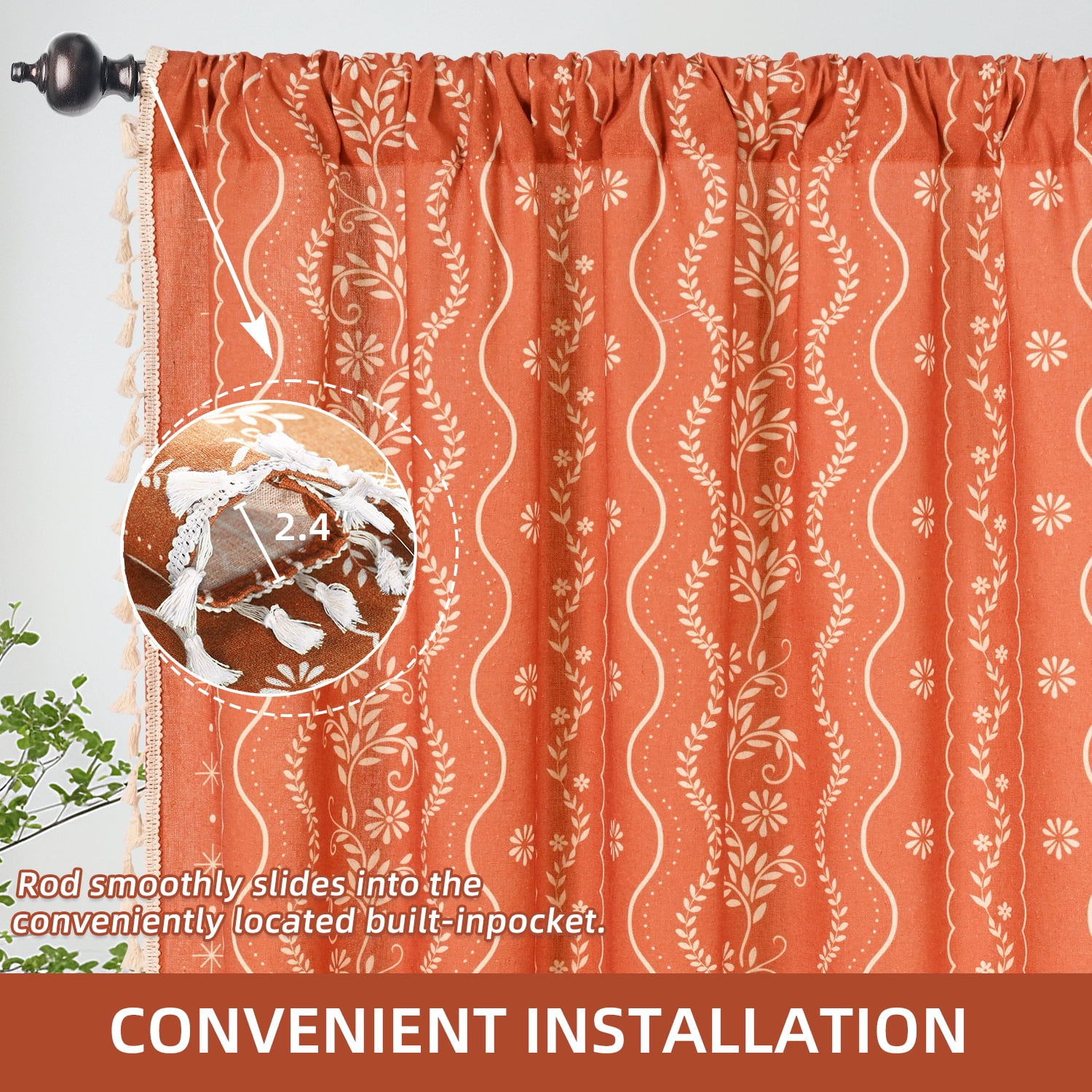 Invoibler Boho Farmhouse Muted Faded Burnt Orange Filtering Window Curtains, Linen Blend Drapes with Tassels & White Pattern, 52" x 84", Set of 2