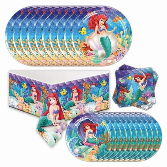 41Pcs Mermaid Ariel Party Tableware,Mermaid 20Plate 20Napkins And Tablecovers , Princess Birthday Party Decorate Supplies