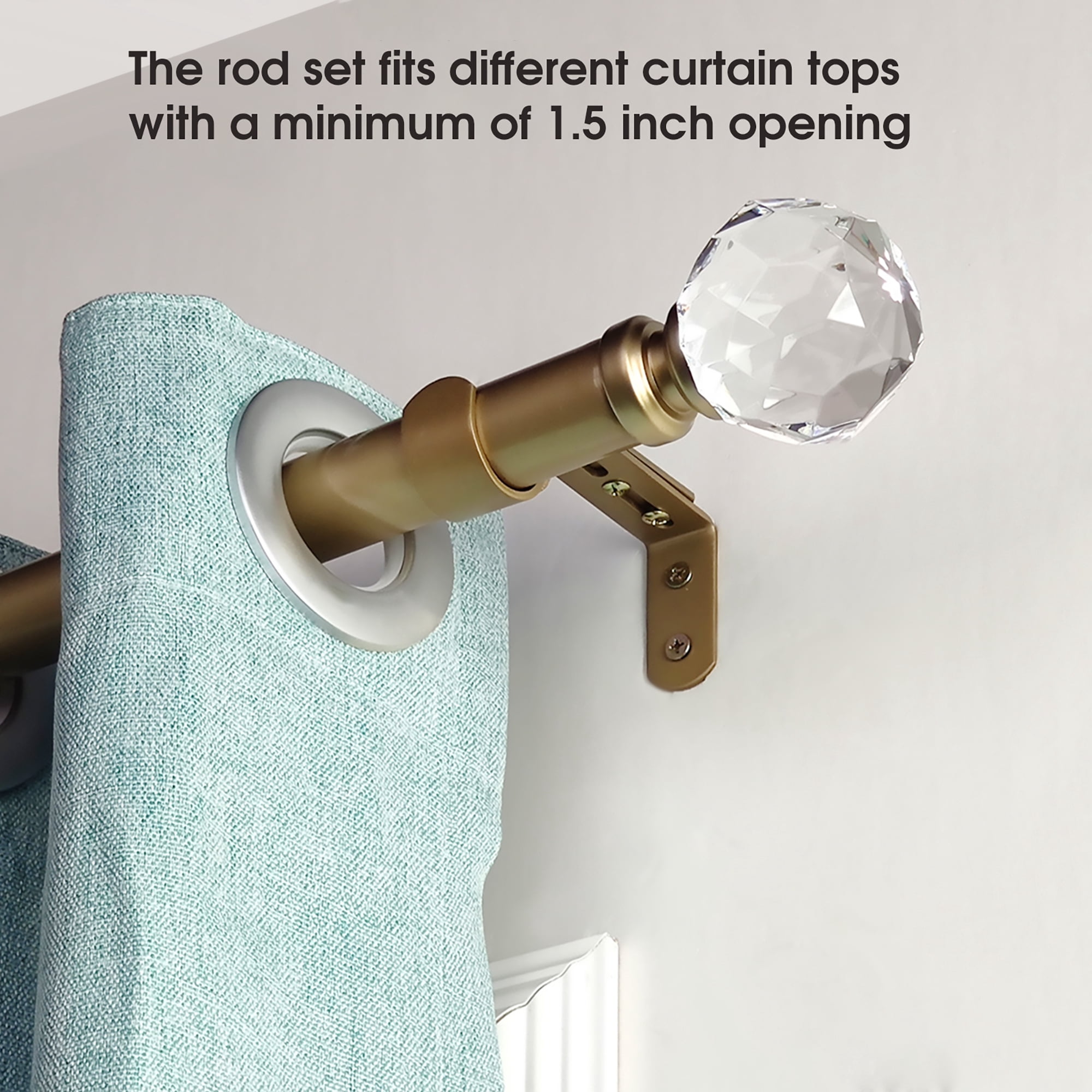 SKYPLUS LIVING 1-1/8 in Single Window Curtain Rod with Crystal Finial Set,Adjustable72-144'' in,Gold