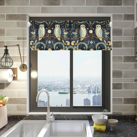 Yayeee Kitchen Valance Rod Pocket 54" x 18" Living Room Window Curtain, Mystical Owls Pattern
