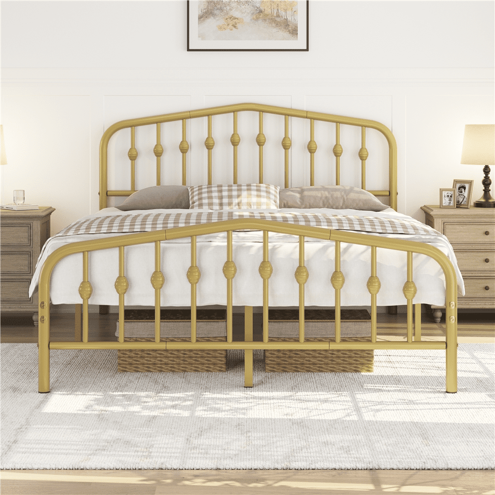 Renwick Modern Metal Platform Queen Bed with Arched Headboard and Footboard, Adult, Antique Gold