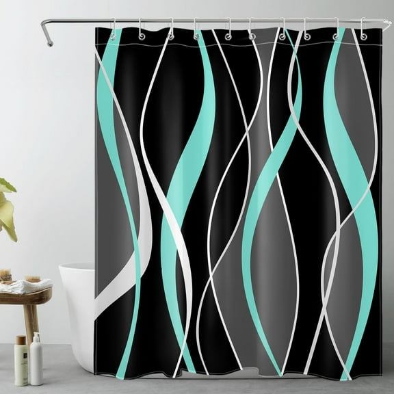 HVEST Modern Geometric Shower Curtain with Abstract Teal Black and Gray Line Design - Modern Minimalist Bathroom Decor, Waterproof Polyester Fabric, Includes 10 Hooks, 60x72 Inches