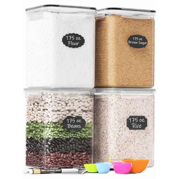 Airtight Food Storage Containers for Pantry Organization, Large 5.2L Plastic Flour and Sugar Container Set of 4, BPA-Free Kitchen Canisters with Lids