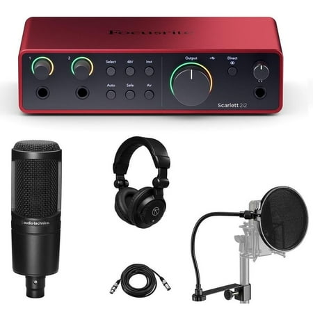 Focusrite Focusrite Scarlett 2i2 4th Gen 2x2 USB Audio Interface with Software Suite, Bundle with Audio-Technica AT2020 Microphone, & Closed-Back Studio Monitor Headphones