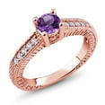 thumbnail image 2 of Gem Stone King 18K Rose Gold Plated Silver Purple Amethyst and White Created Sapphire Women's Solitaire Ring with Accent Stones (0.63 Cttw, Round Shape 5MM, Size 8), 2 of 2