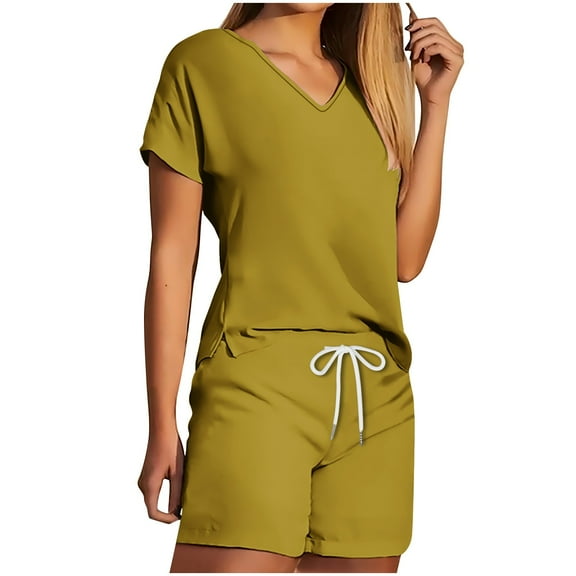 Womens Summer Outfit Short Sleeve V-Neck Blouses & Shirts Sets 2PC Women's V Neck Shorts Sleeve Two-piece Comfortable Home Pajamas Set Sports Set Vacation Outfits Yellow xl