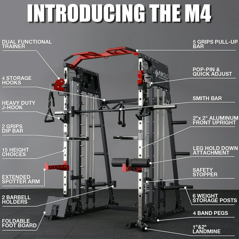 Mikolo Smith Machine Home Gym 2200 lbs Power Rack Cage with Cable Crossover Weight Bar 360 Landmine Barbell Holders and Other Attachments Total