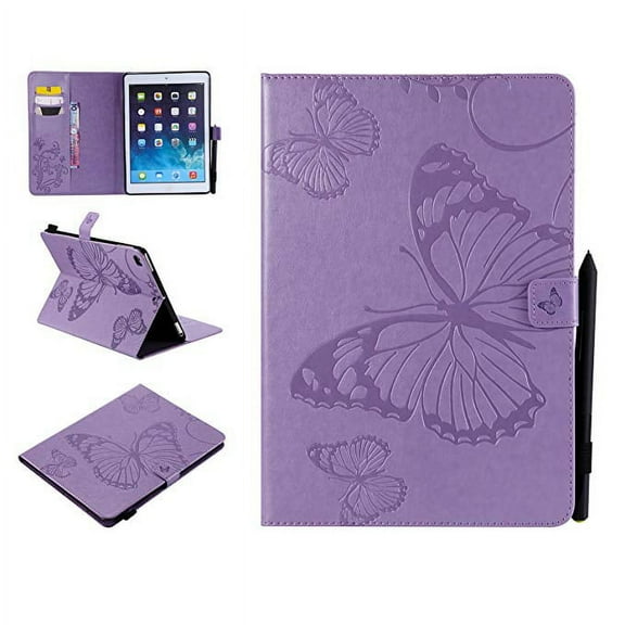 iPad Air 1/2, iPad 9.7" 2017/2018 case, Allytech Embossed with Butterfly Series AUTO WAKE/SLEEP Folio Smart Wallet Case with Cards/Cash Holder for iPad Air 1/2, iPad 9.7" 2017/2018 Tablet, Purple