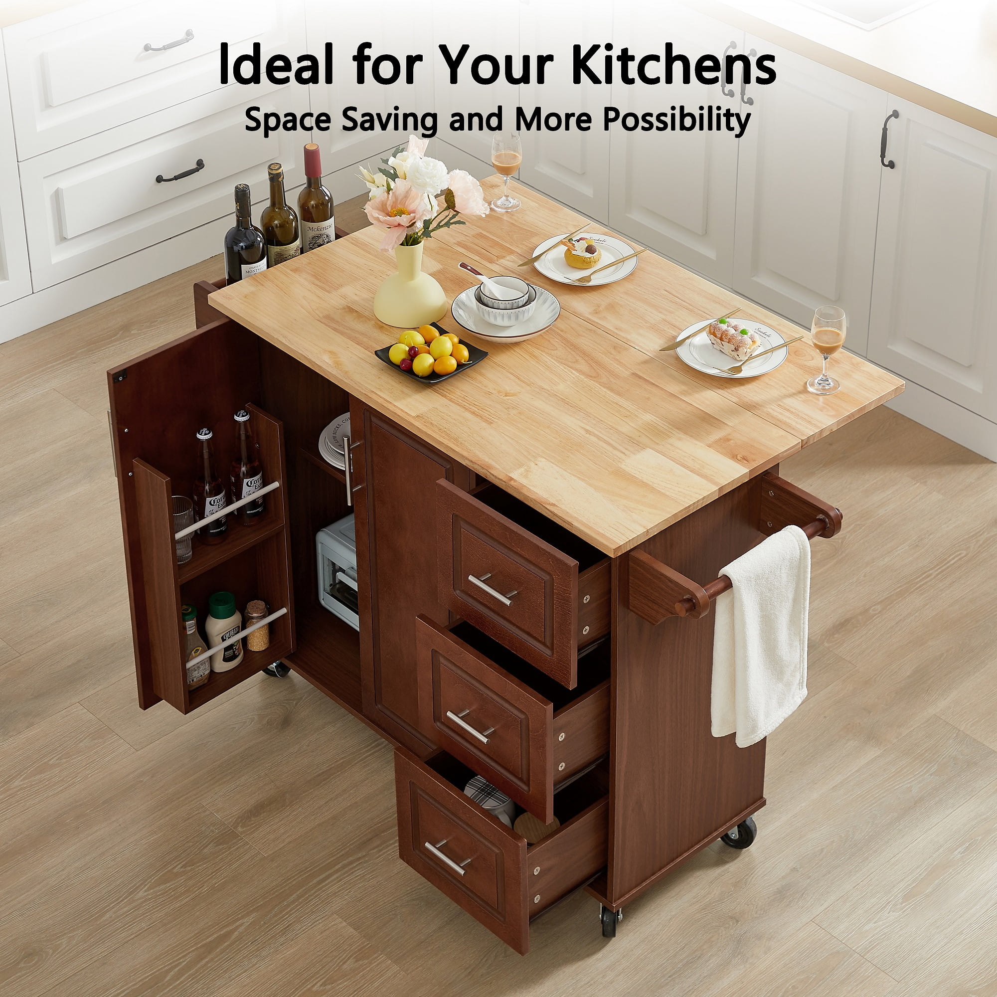 Kitchen Island with Countertop, Rolling Kitchen Island Cart Barn Door Table with Storage Cabinet On Wheels for Kitchen