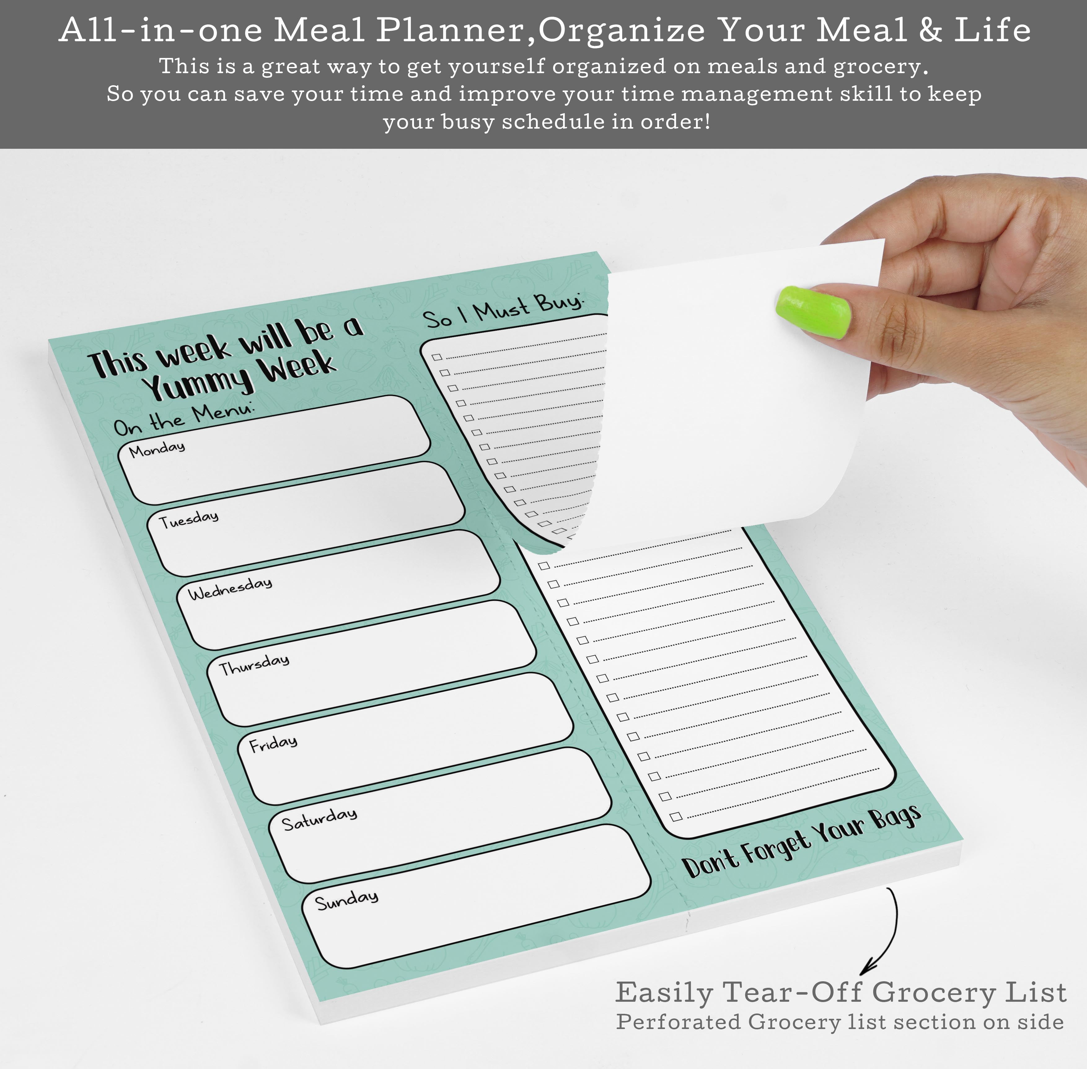 Inkdotpot Weekly Meal Planner Notepad 7"x10 , "This Week Will Be A Yummy Week" Magnetic Meal Planning Pad with Tear Off Grocery Shopping List for Fridge- Kitchen & Home - 54 Sheets -VN