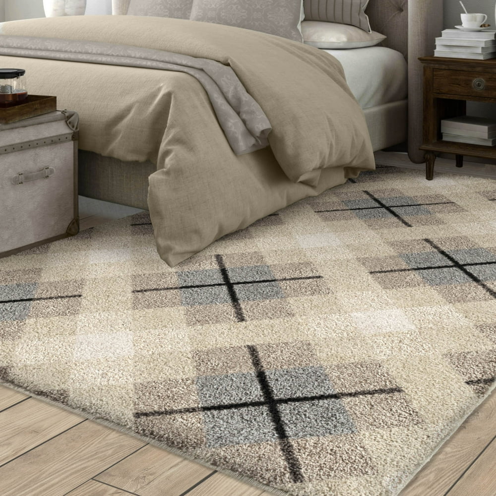 Orian Rugs Super Shag Criss Cross Plaid Ivory Area Rug