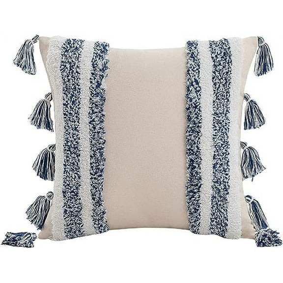 Nvzi-a Geometric Embroidery Tufted Throw Pillow Covers 18x18 Inch Boho Cotton Canvas Woven Tufted Tassel Cushion Covers Home Decor (Navy,18"x18")