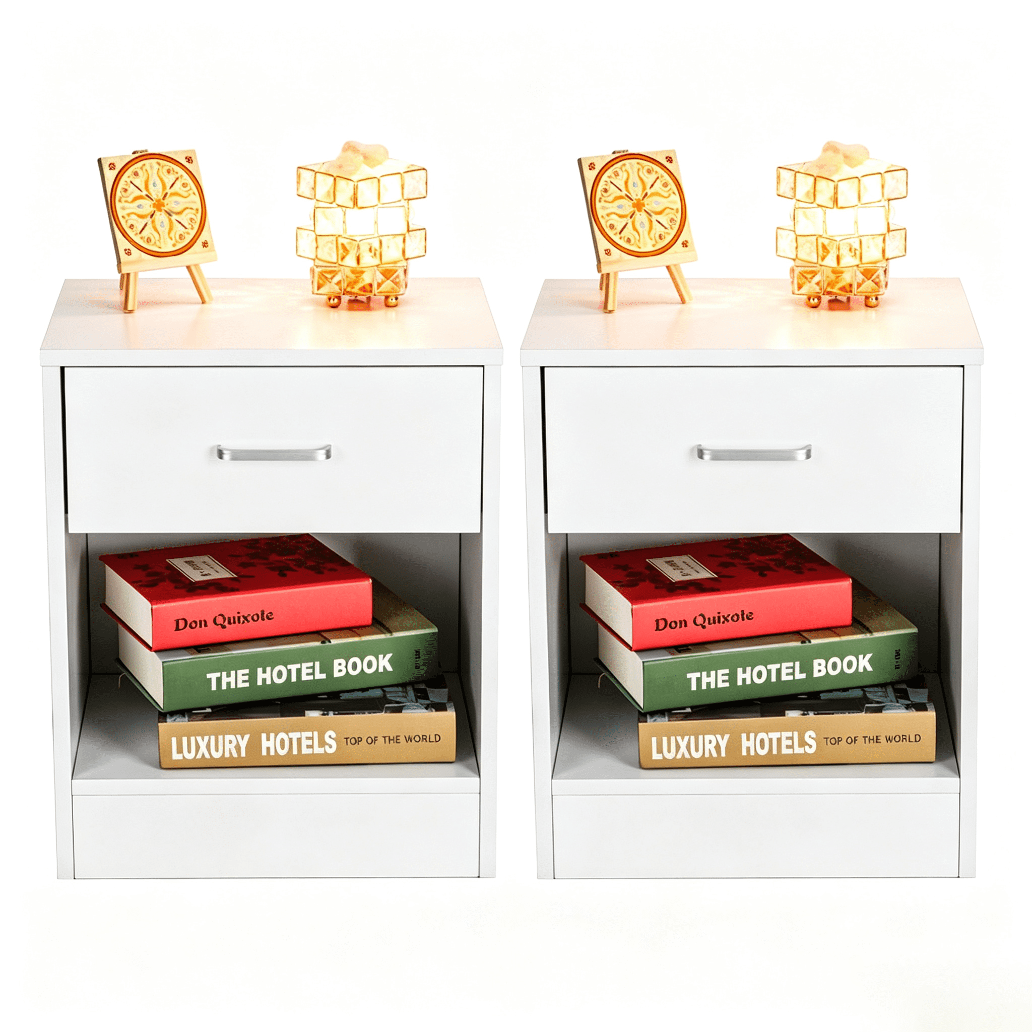 1-Drawer Bedside Table with Open Storage Space 2pcs Particleboard with Textured Melamine Surface Storage Cabinet, 15.75*11.81*19.69in, White