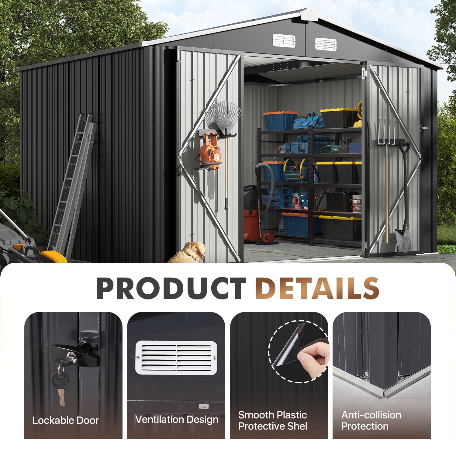 BaPiPro 10x8FT Metal Storage Shed, Outdoor Storage Lockable Tool Shed for Patio, Backyard, Black