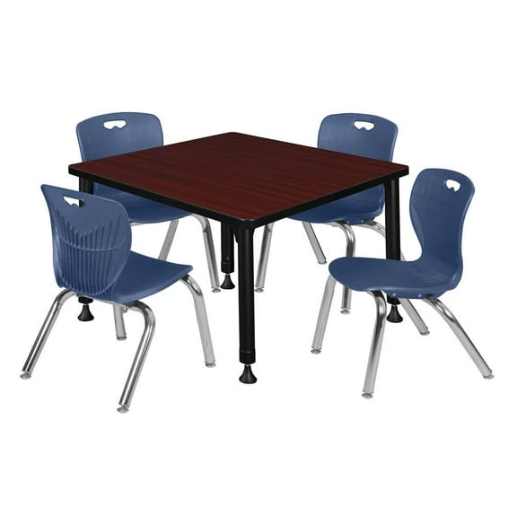 Regency Kee 30" Square Height Adjustable Classroom Table - Mahogany & 4 Andy 12-in Stack Chairs- Navy Blue